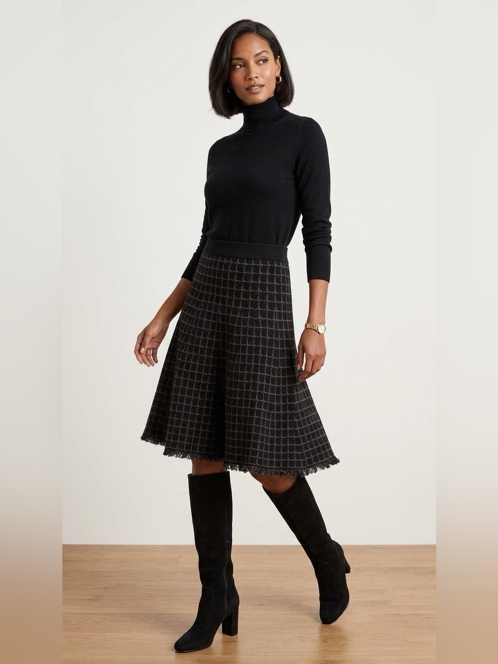 Max Studio NWT Black Knit Skirt with Gray Windowpane Frey Hem Size M/L